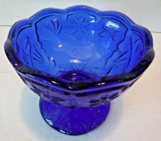 Vintage Cobalt Blue Glass Footed Candy Dish Swimming Fish Floral Pattern Petite