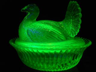 Green Vaseline Glass Turkey Hen On Nest Basket Dish Candy Butter Uranium Yellow