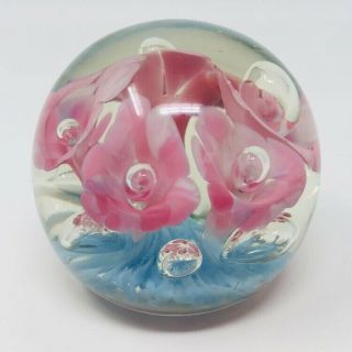 Large Clear Glass Paperweight With Pink Flowers Blue Blown