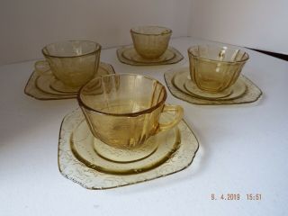 Vtg Federal Depression Glass Amber Madrid 4 Cups & Saucers 1932 - 39