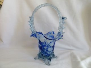 Venetian Murano Blue & White Art Glass Vase Basket.