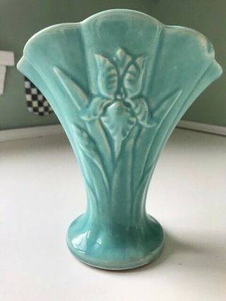 Vintage Mccoy? Shawnee? Brush? Glazed Pottery Vase Teal Green Tulips 6 " Euc Usa
