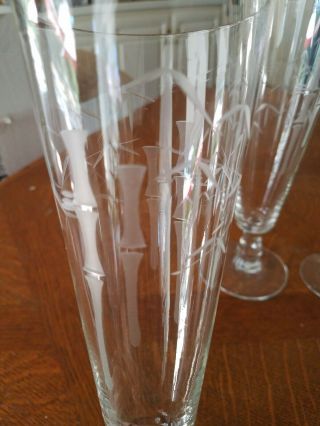4 Etched Crystal NORITAKE/ SASAKI BAMBOO DESIGN PILSNER GLASSES 8 3/4 