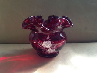 Vintage Fenton Hand Painted Ruby Art Glass Vase Signed M.  Wagner
