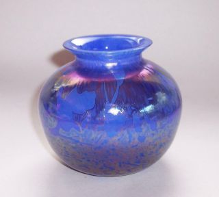 Vintage 1980s Royal Brierley Studio Art Glass Vase Blue With Iridescent Finish