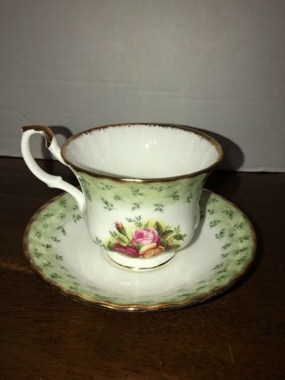 Royal Albert Old Country Roses Rare Green Border Tea Cup & Saucer Set England