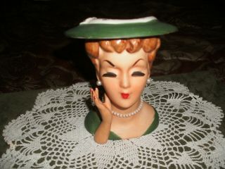Vintage Green Lady Head Vase Leewards Japan With Pearl Ear Rings & Necklace