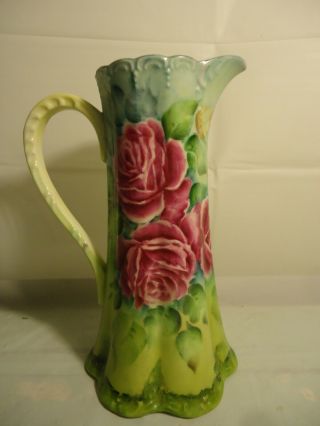 Antique Bavaria Germany Hand Painted Floral Large Pitcher 8 " X 4 1/2 "