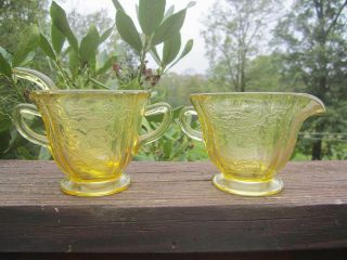 Vintage Deppresion Glass Cream And Sugar Set With Spoon Yellow Etched