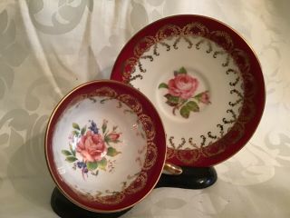 Gorgeous Aynsley England Bone China Crimson Red Pink Rose Cup & Saucer