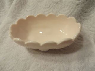 Vintage Pink Milk Glass Footed Dish Scalloped Edge Florals