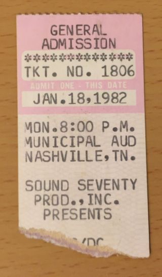 1982 Ac/dc Nashville Concert Ticket Stub For Those About To Rock Tour Angus