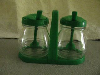 Hazel Atlas Green Double Condiment Jars With Holder And Spoons