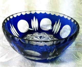 Vintage Czech Bohemian Cobalt Blue Cut To Clear Glass Crystal Bowl,  5 " W X 1 " T