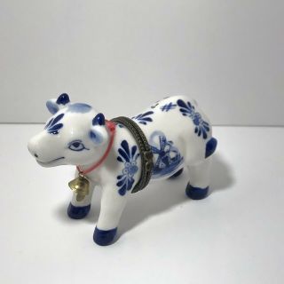 Vintage Delft Blue White Hand Painted Cow Trinket Box Hinged Cow Bell Storage