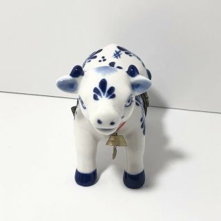 Vintage Delft Blue White Hand Painted Cow Trinket Box Hinged Cow Bell Storage 2