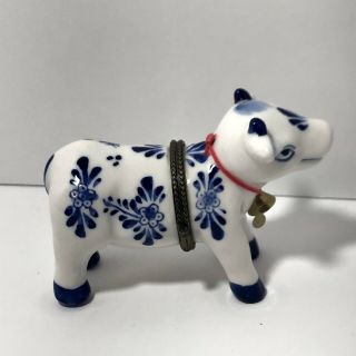 Vintage Delft Blue White Hand Painted Cow Trinket Box Hinged Cow Bell Storage 3