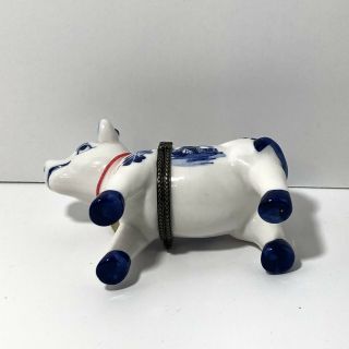 Vintage Delft Blue White Hand Painted Cow Trinket Box Hinged Cow Bell Storage 5