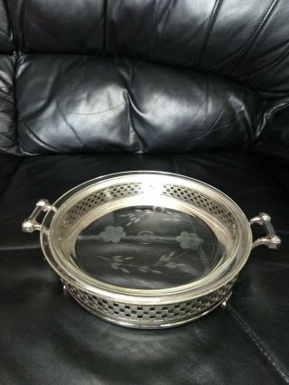 Vintage Pyrex Pie Plate W/ Dollar Stamp And Metal Stand Etched Early 1900s 9.  5in