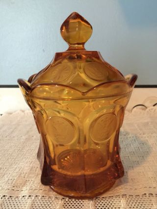 Vtg Fostoria Amber Coin Glass Covered Dish 6.  5” Tall