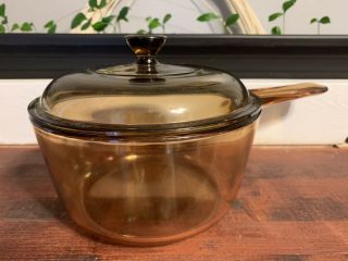 Vintage Pyrex Corning Vision Ware Glass Sauce Pan Pot Amber Brown 1.  5l With Lid