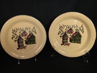Set Of 2 Home And Garden Party Usa Stoneware Birdhouse Pie/dinner Plates