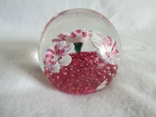 Vintage Murano Glass Paperweight - Made In Italy - Pink/white Flowers