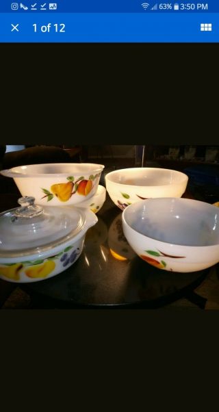 Vintage Fire King Gay Fab Fruit Nesting Mixing Bowls,  2 Casserole Dishes W/lid