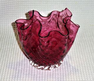Vintage Mcm Studio Art Glass Cranberry Hand Blown Fat Handkerchief Vase Perfect