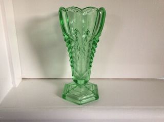 Davidson Art Deco Glass Chevron Vase In Green,  Pat No 295.
