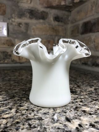 Fenton Silver Crest Double Crimp Ruffled Edge Milk Glass White Top Hat Vase 3.  5 