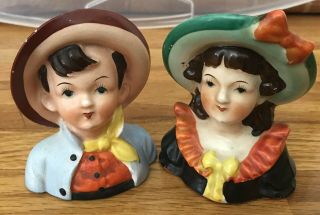 4 " Vintage Head Vases Boy And Girl With Hats Pair Made In Occupied Japan