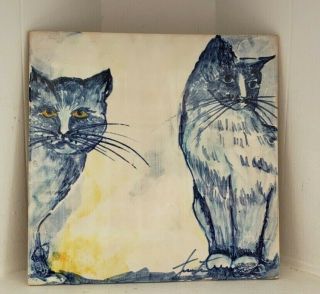 Hand Painted Ceramic Tile Blue Cats Yellow Eyes Artist Signed Portugal 8 X 8