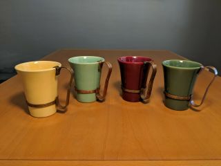 Vintage Set Of 4 Bauer Pottery Tumbler Mug Cup With Metal Handles Usa