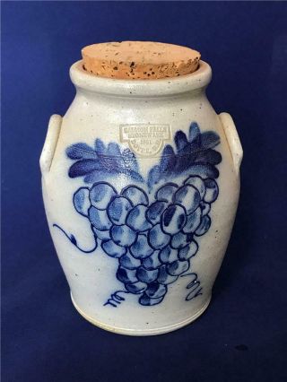Vintage Salmon Falls Pottery Salt Glazed Stoneware Jar W Grapes Cherry Cork Top
