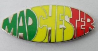 Madchester Enamel Badge.  Stone Roses,  Happy Mondays,  Inspiral Carpets,  Ian Brown.