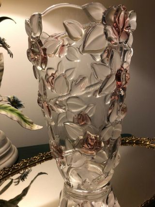 Mikasa Bella Rosa Pink Frost Vase Raised Pink Roses & Frosted Leaves