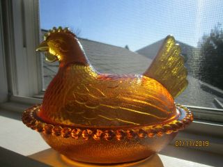 Indiana Amber Color Glass Hen On Beaded Nest - Covered Candy Dish
