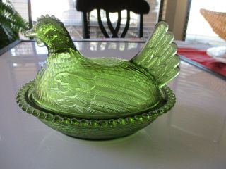 Vintage Indiana Glass Hen On Nest Chicken Covered Dish Olive Green Beaded Euc