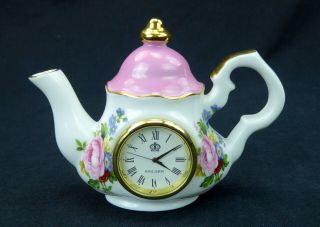 Royal Albert Lady Carlyle Teapot Clock White Pink Floral 1999 3 " Tall 4 " Long