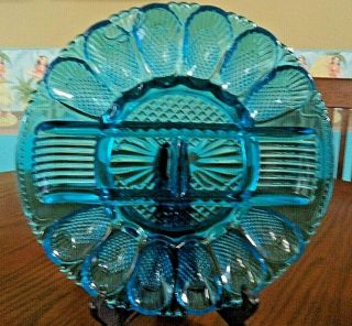 Vintage Blue Round Glass Deviled Egg Plate / Relish Dish Indiana Glass Co