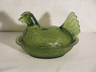 Vintage Indiana Glass Green Chicken Hen Nest Covered Dish