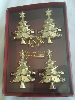 Lenox Set Of Four Napkin Rings Holder Gold Christmas Trees Holiday From Macy 