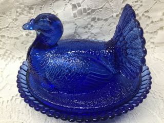 Blue Vaseline glass Turkey hen on nest / basket dish candy butter Cobalt uranium 3