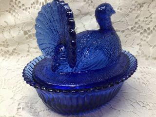 Blue Vaseline glass Turkey hen on nest / basket dish candy butter Cobalt uranium 4