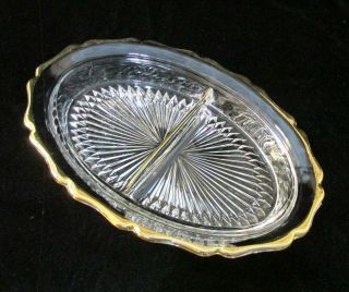 Vintage Jeannette Clear Glass Oval Divided Relish Dish Bowl Gold Trim Scalloped