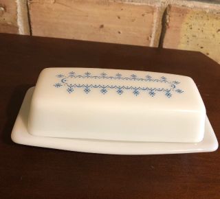 Vintage Pyrex Milk Glass W/blue Snowflake Garland Covered Butter Dish