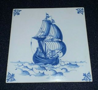 Dutch Blue Delft 5 1/4 " Square Ceramic Tile With Sailing Ship Scene