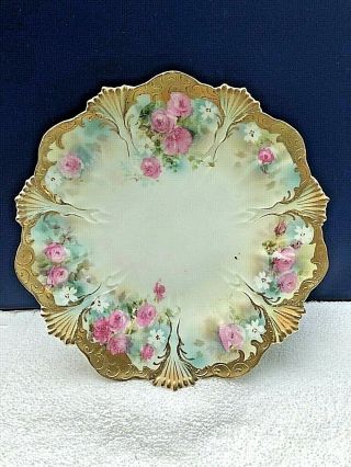 Rs Prussia Floral 6 - 3/4 " D Plate W/ Pink Roses Heavy Gold Stenciling Red Mark
