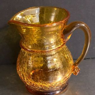Crackle Glass Amber Vintage Small Pitcher Mid Century Modern Art Glass Made Usa